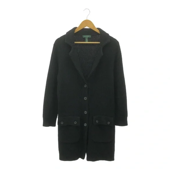 Ralph Lauren Black Knit Ribbed Button Down Shawl Collar Utility Cardigan Sweater - Picture 13 of 13